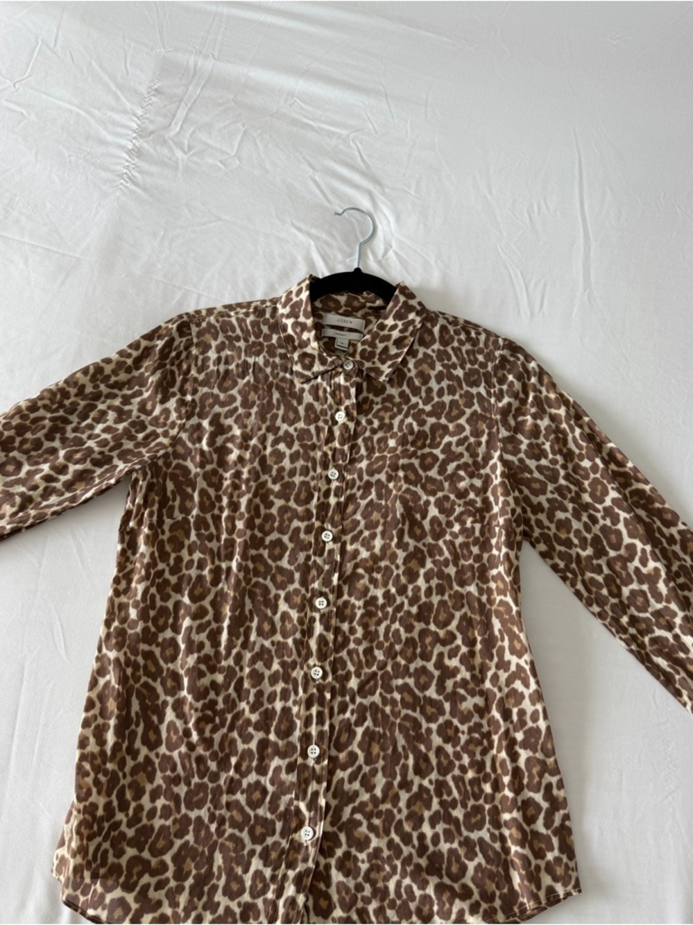J.Crew Perfect Leopard Print Button Down Shirt Size 6 Silk Blend Brown Tan